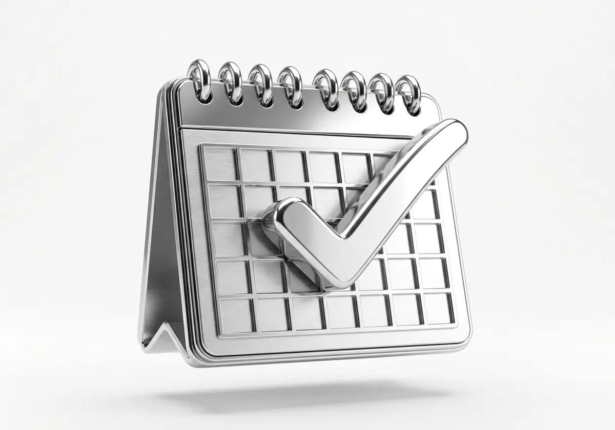 Calendario de escritorio con una marca de verificación, en cromo plateado, render 3D sobre fondo gris claro