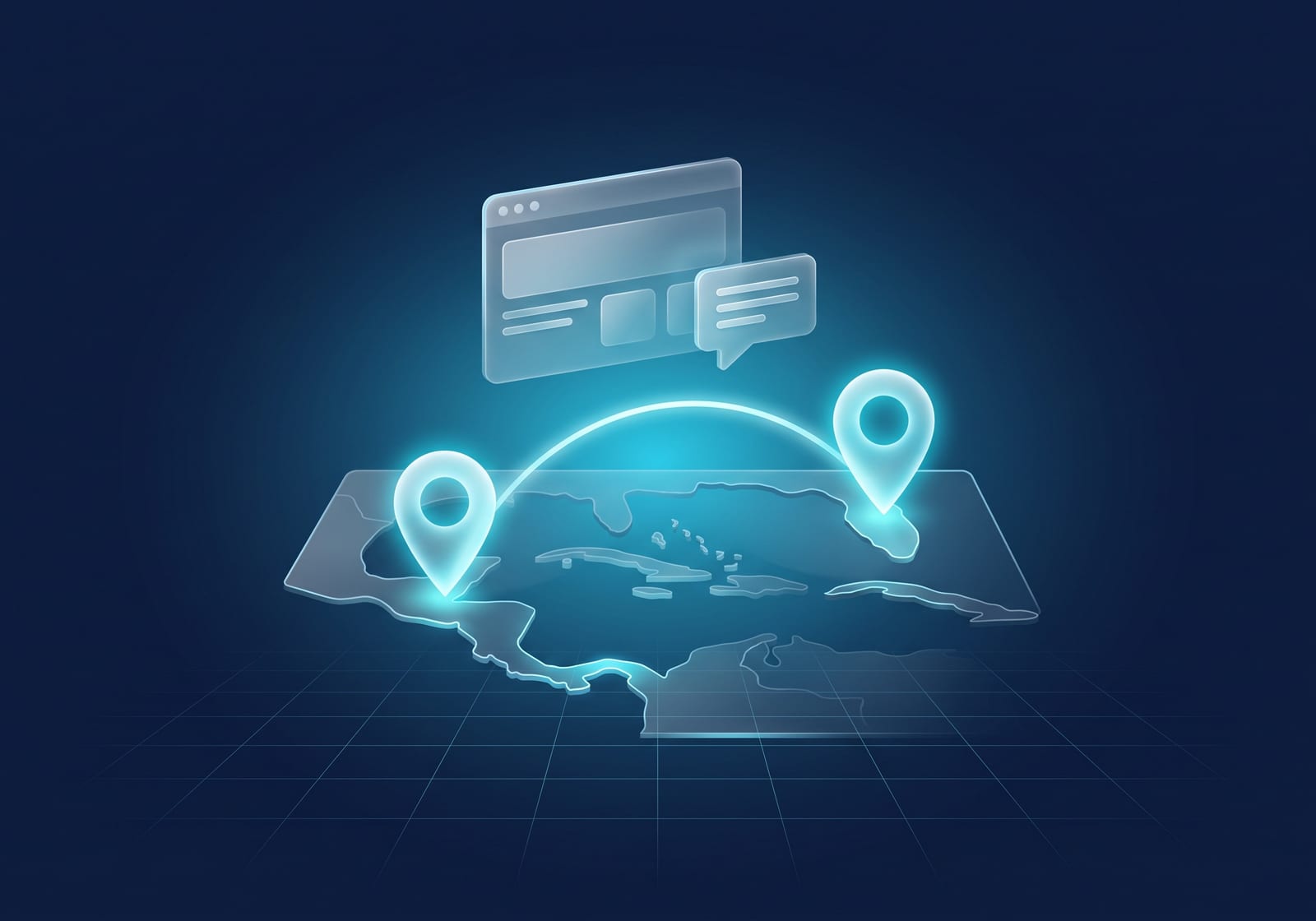 Dos marcadores unidos por un arco sobre un mapa, de Panamá a Florida, con una ventana de sitio web: diseño web para negocios de Miami