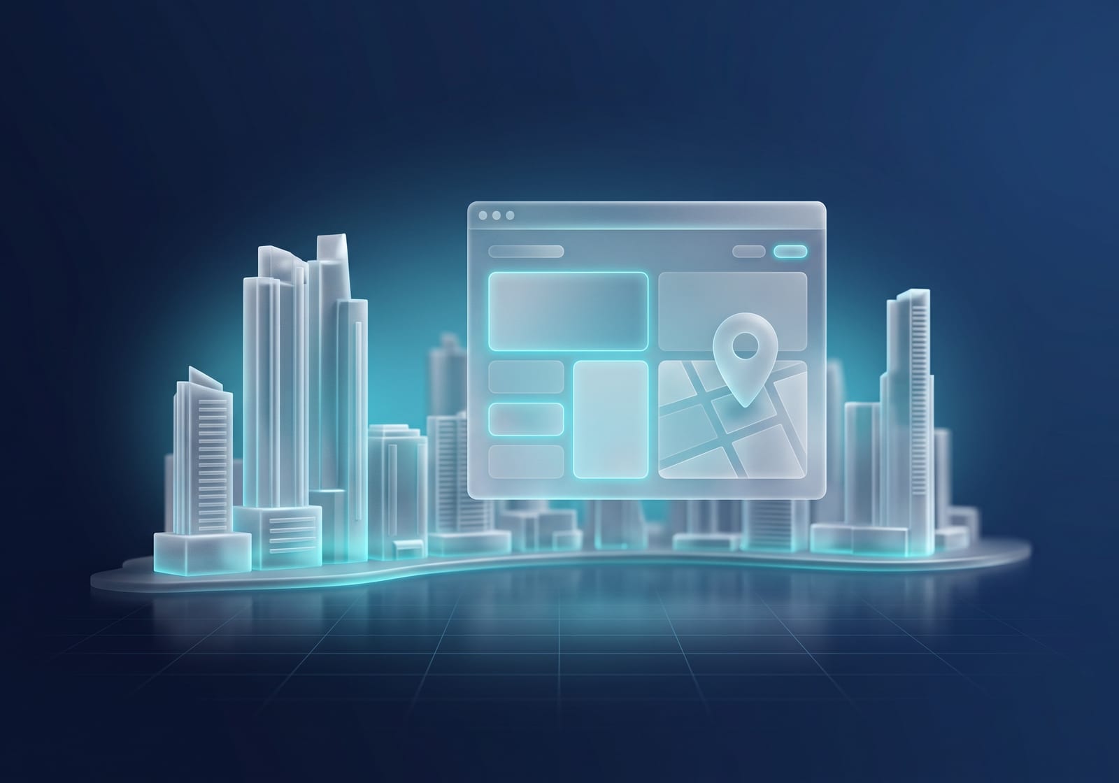 Skyline de torres de vidrio frente a una bahía con una ventana de sitio web y un marcador de ubicación: diseño web en Panamá