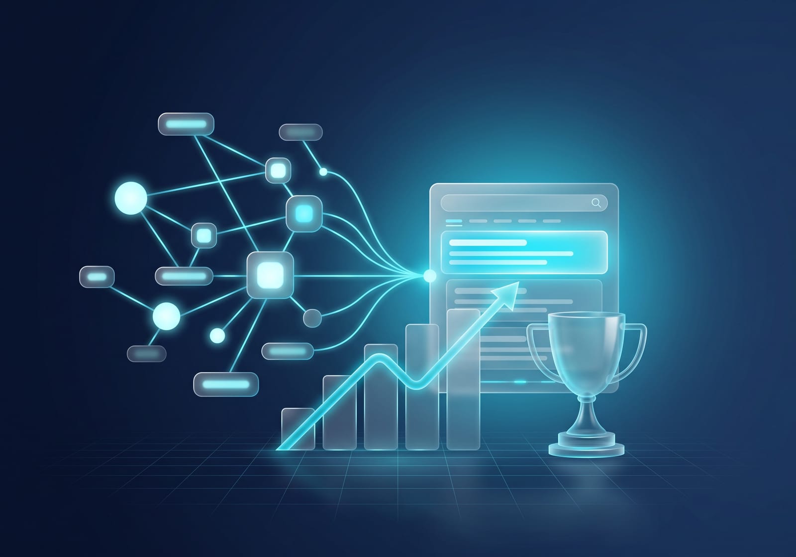 Red de palabras clave que converge en una página de resultados, con una curva de crecimiento y un podio: SEO y posicionamiento