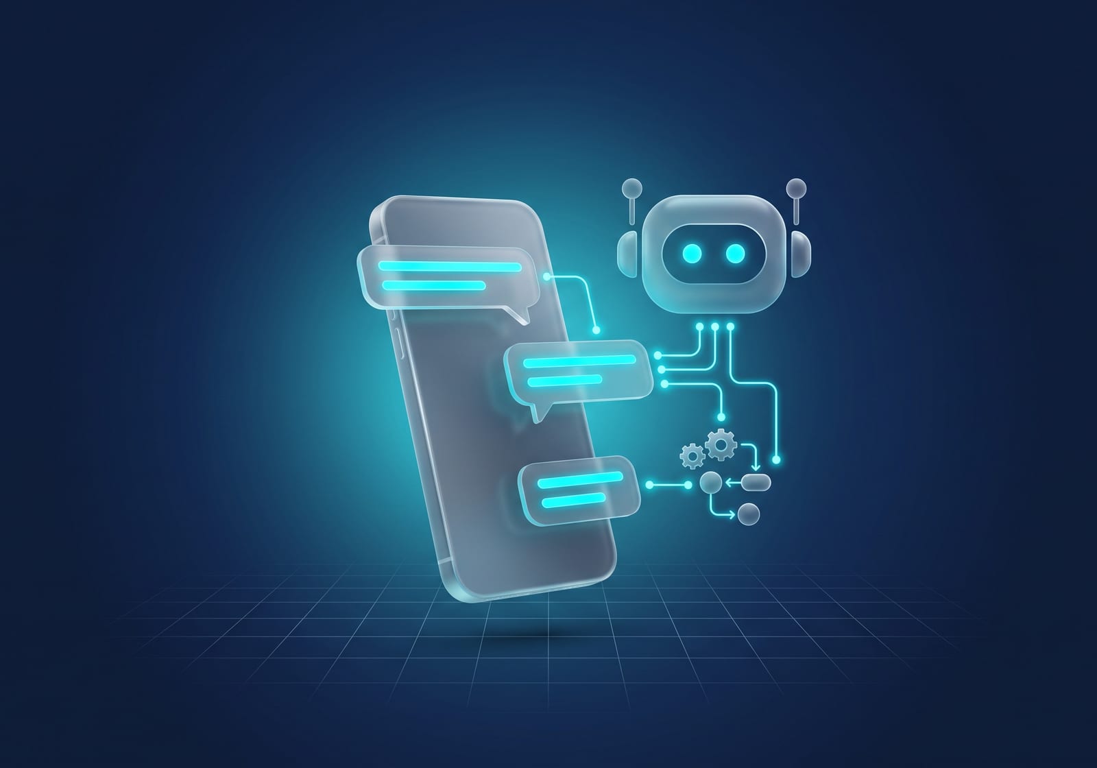 Teléfono con chat conectado a un asistente de IA y a un flujo de automatización con nodos y engranajes