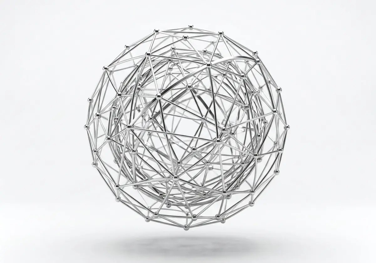 Esfera formada por una red de nodos conectados, como una red neuronal, en cromo plateado, render 3D sobre fondo gris claro