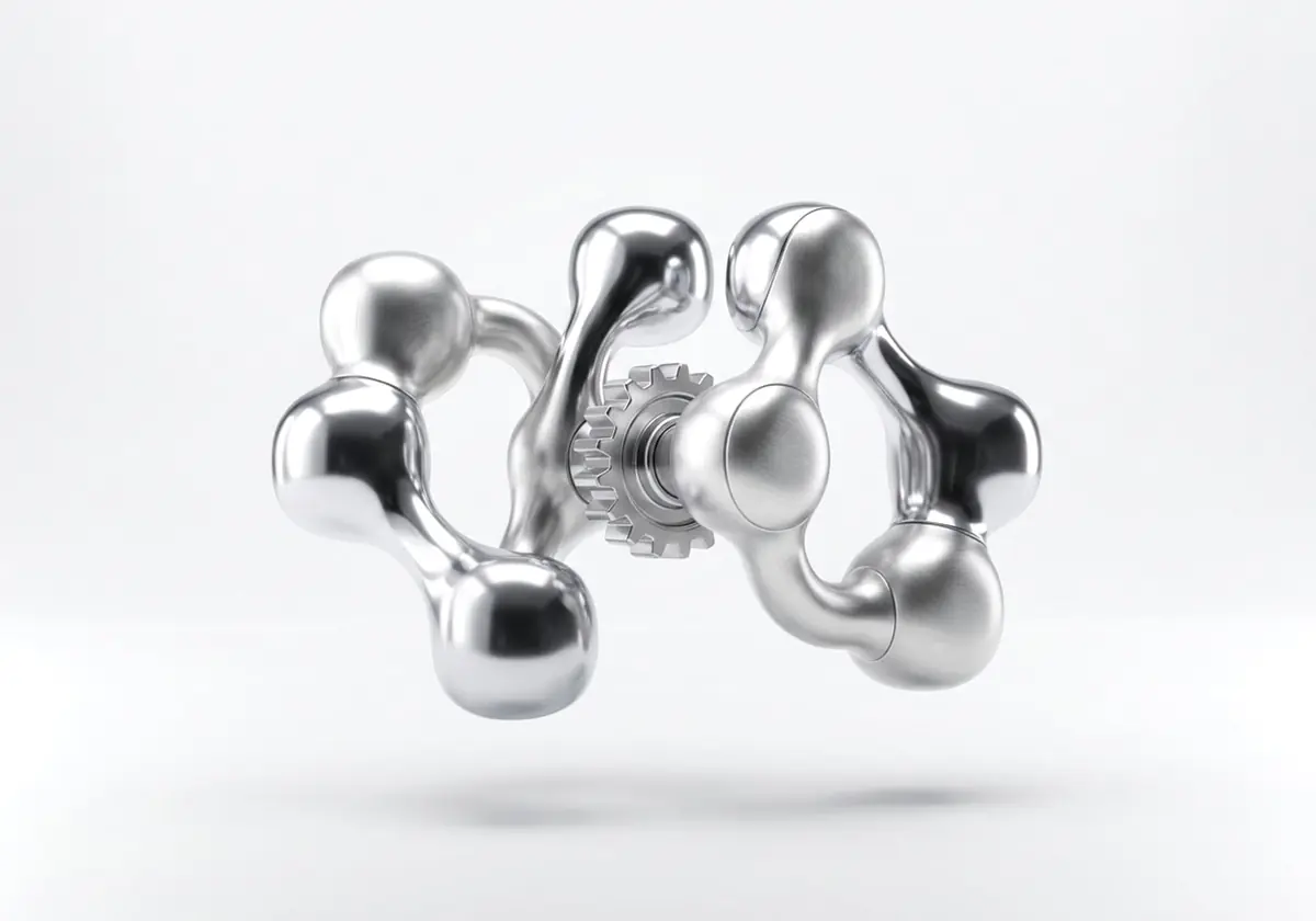 Cadena de nodos unidos por tubos con un engranaje en medio, en cromo plateado, render 3D sobre fondo gris claro