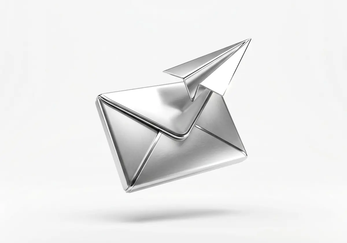 Sobre cerrado del que despega un avión de papel, en cromo plateado, render 3D sobre fondo gris claro
