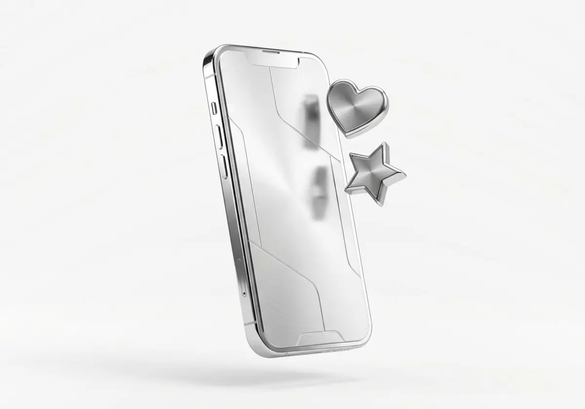 Celular de pie con un corazón y una estrella flotando a su lado, en cromo plateado, render 3D sobre fondo gris claro