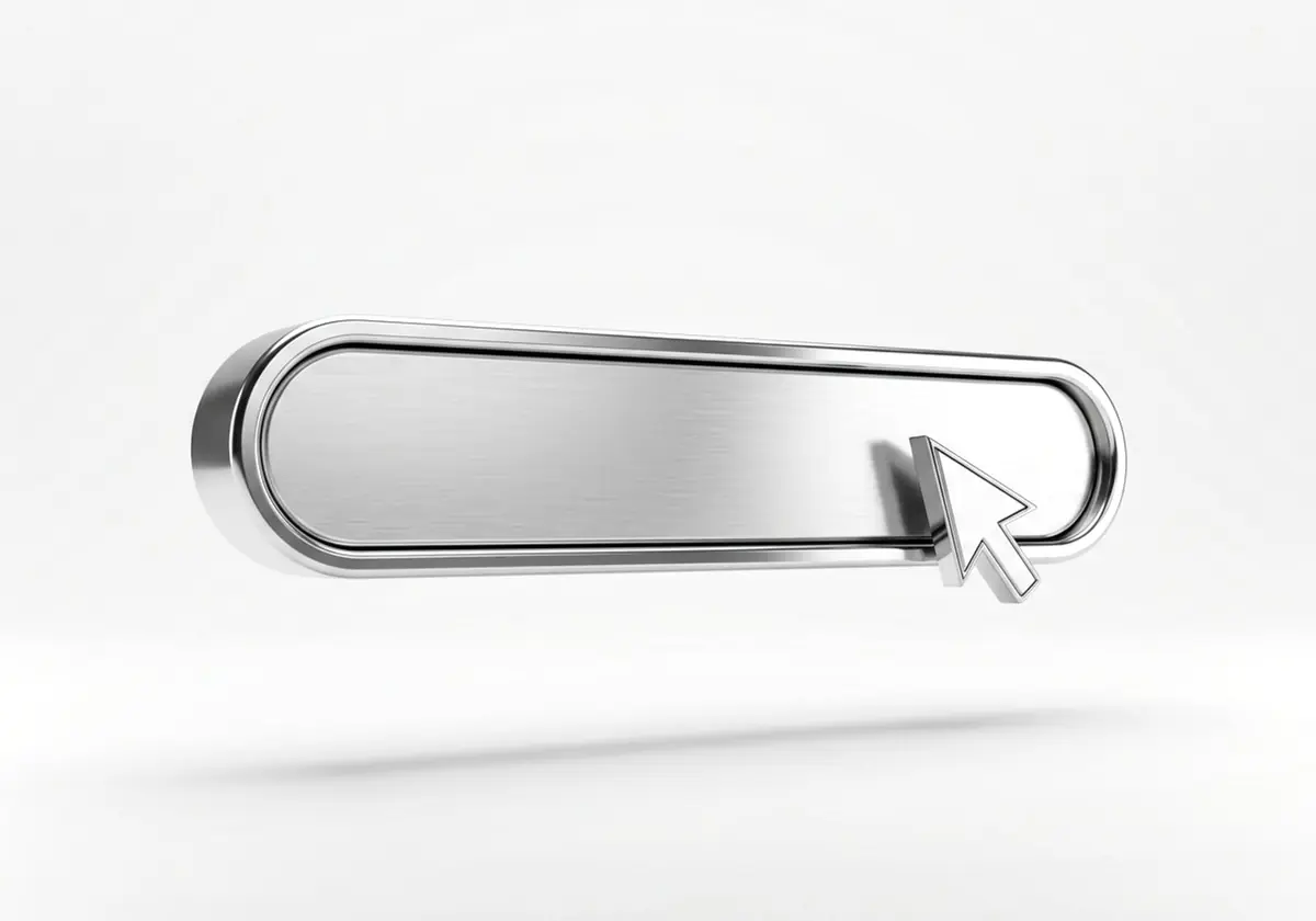 Flecha del cursor haciendo clic en una barra de búsqueda, en cromo plateado, render 3D sobre fondo gris claro