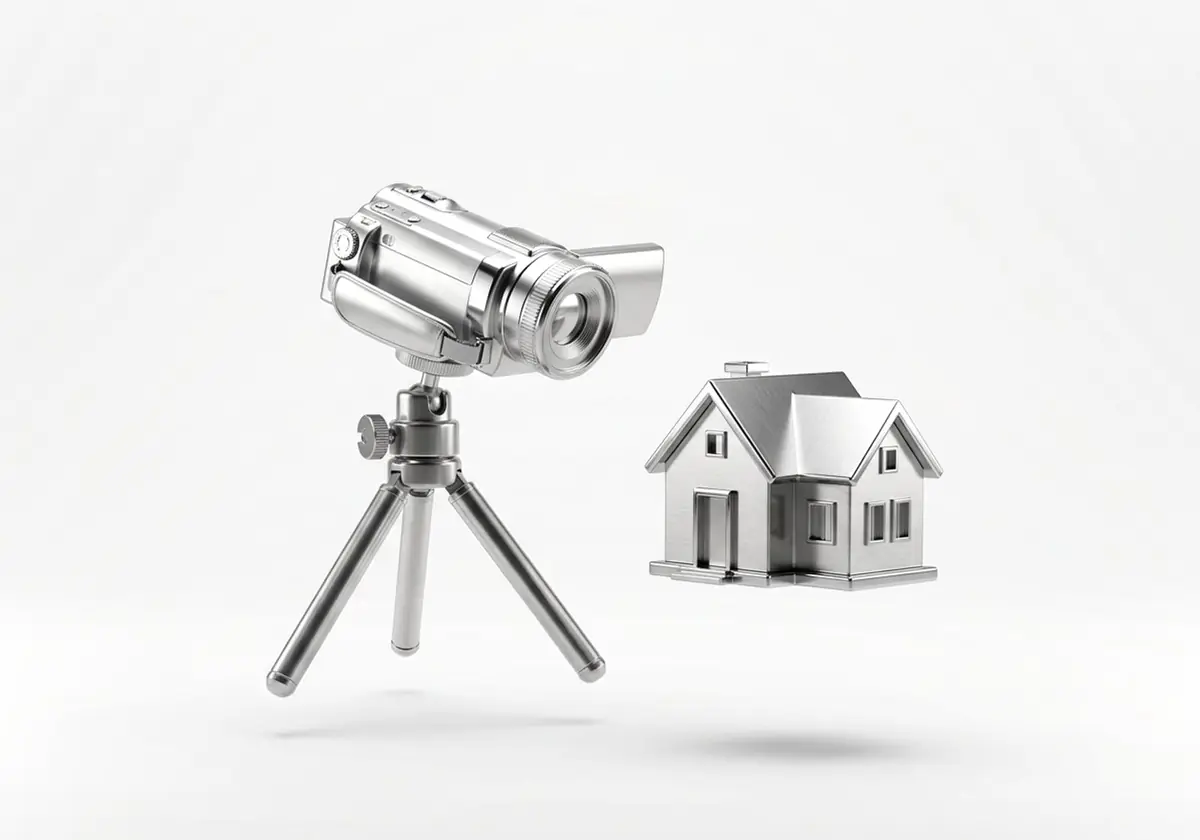 Foto hecha con IA: cámara de video en un trípode pequeño apuntando a una casa en miniatura, en cromo plateado, render 3D sobre fondo gris claro