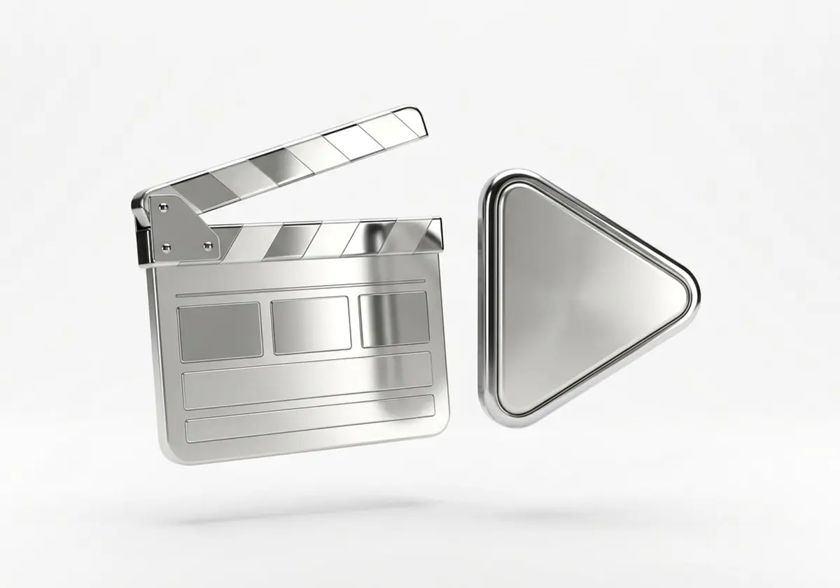Foto hecha con IA: claqueta de cine entreabierta con un botón de reproducción, en cromo plateado, render 3D sobre fondo gris claro