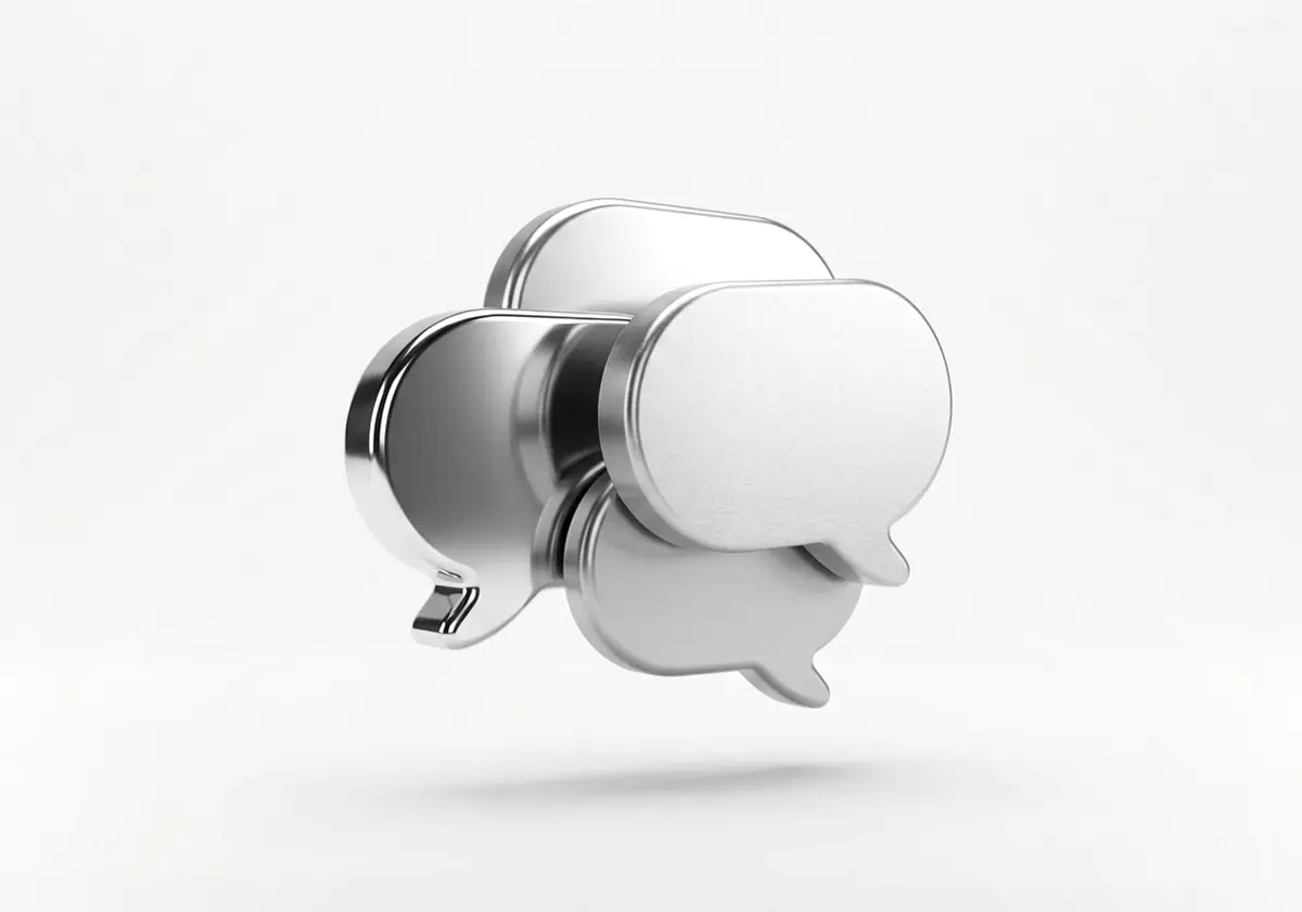 Tres burbujas de conversación superpuestas de distintos tamaños, en cromo plateado, render 3D sobre fondo gris claro