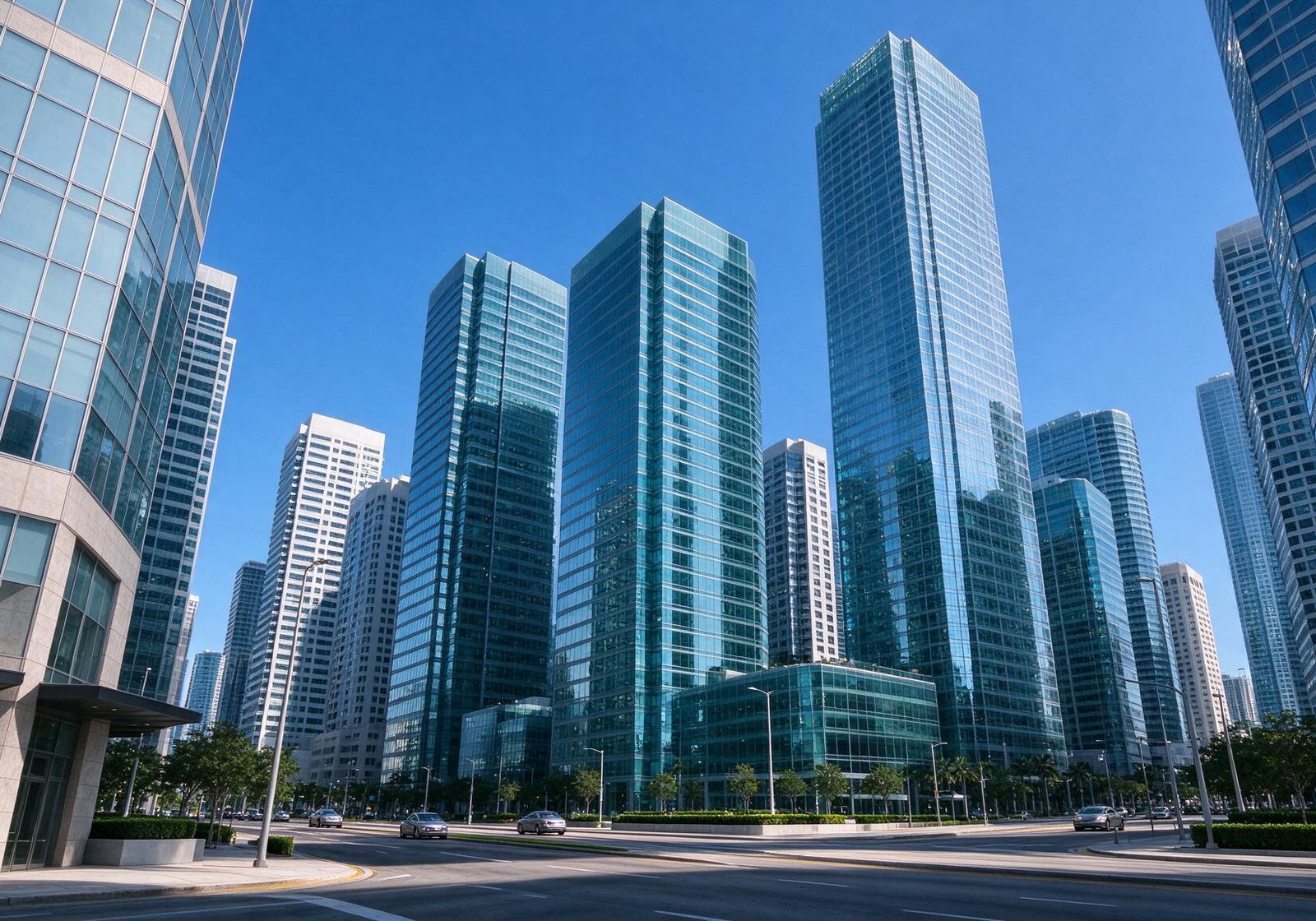 Rascacielos de vidrio azul vistos desde la calle, con palmeras y avenida al pie, para diseño web en Brickell