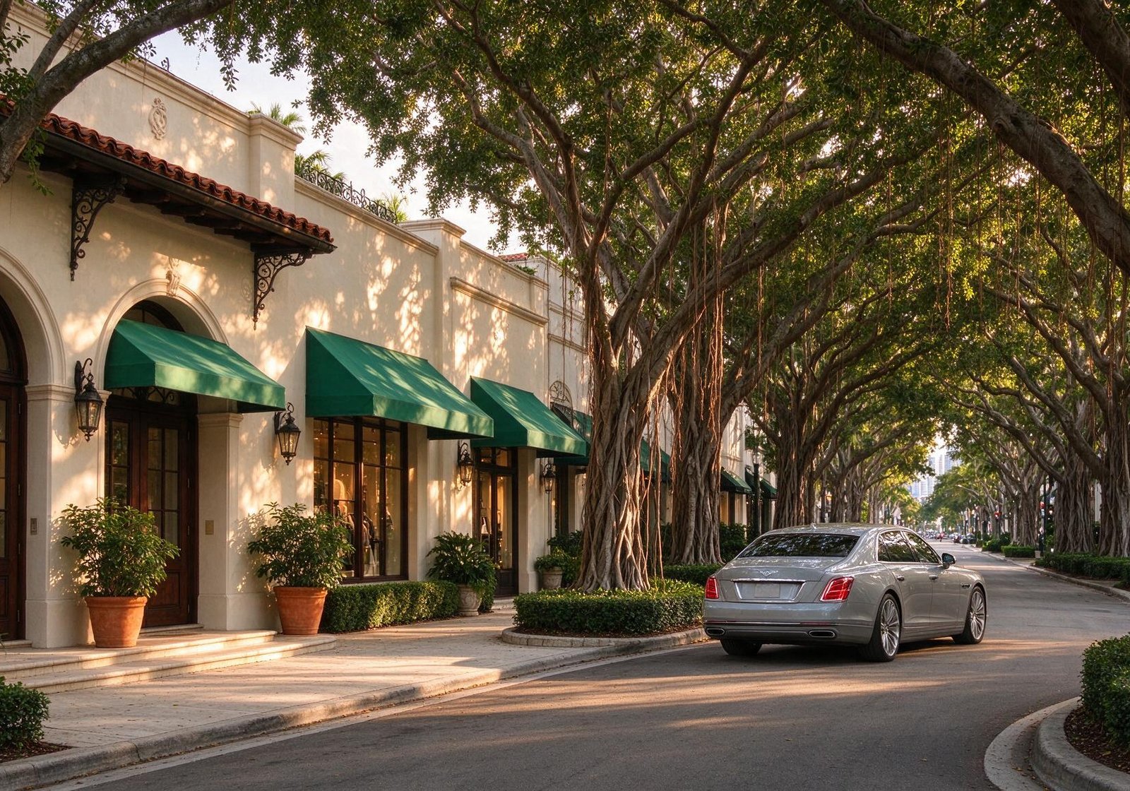 Calle sombreada por banianos junto a fachadas mediterráneas con toldos verdes y un sedán, para diseño web en Coral Gables