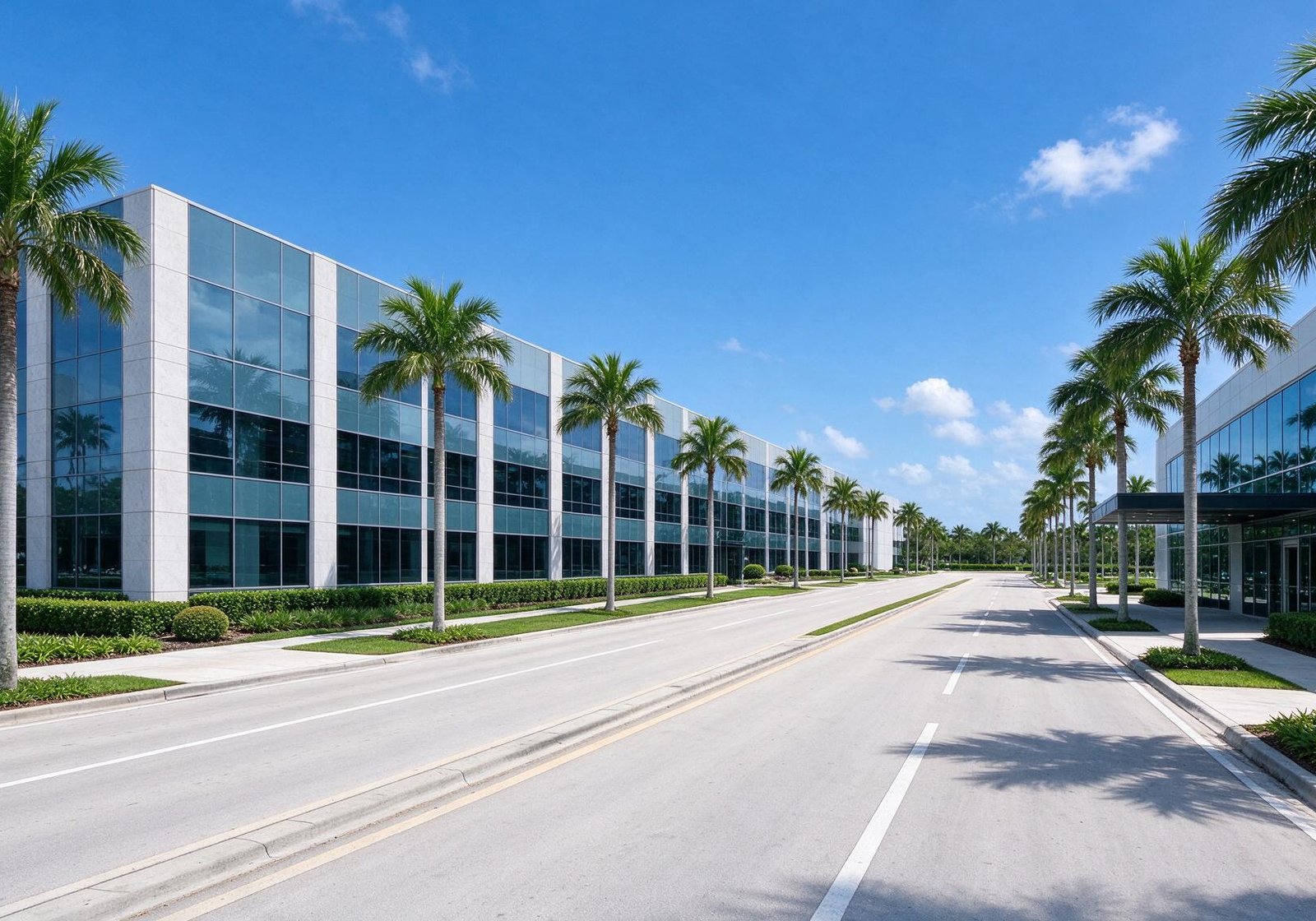 Edificios de oficinas de vidrio y concreto junto a una avenida con palmeras y cielo azul, para diseño web en Doral
