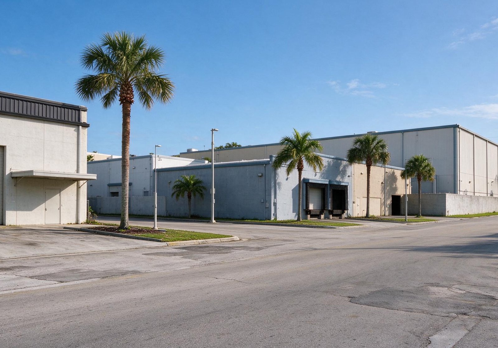 Calle vacía junto a naves industriales con muelles de carga y palmeras, para diseño web en Hialeah Gardens