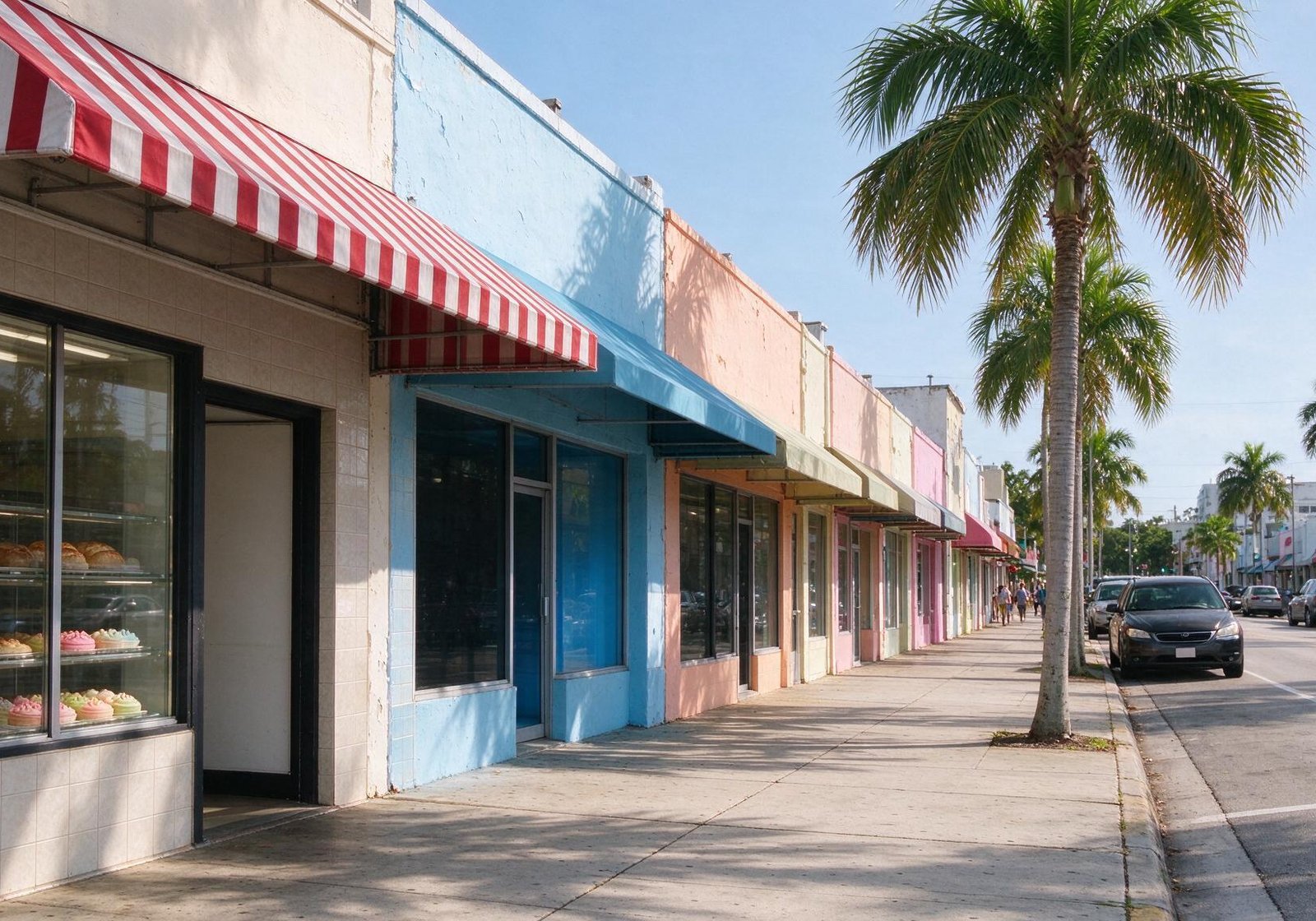 Acera de comercios de barrio con fachadas pastel, toldo rojo y vitrina de pastelería, para diseño web en Hialeah