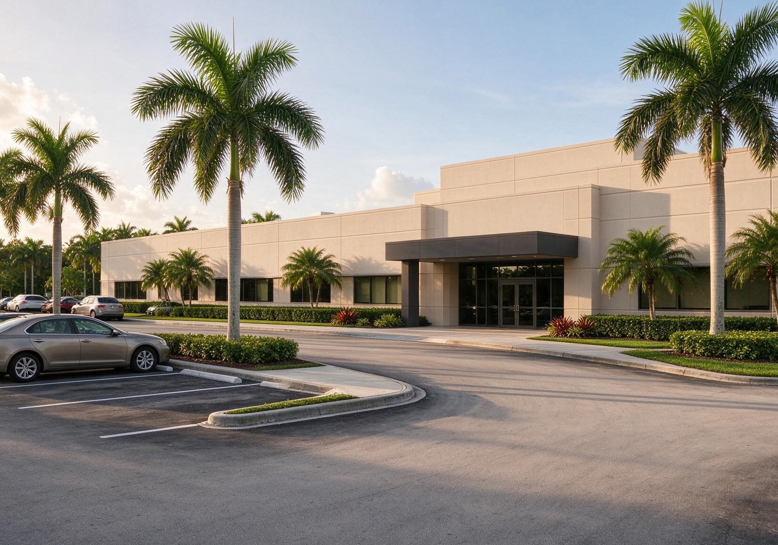 Edificio comercial de una planta con palmeras y estacionamiento al atardecer, para el diseño web de negocios en Kendall