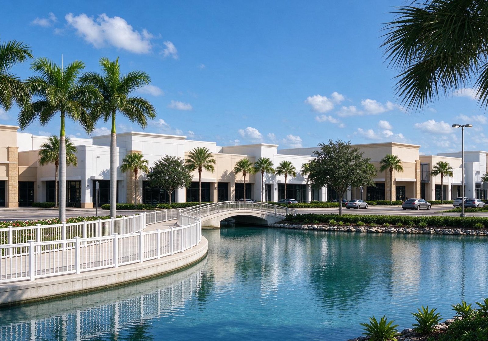 Laguna azul con puente blanco frente a edificios comerciales claros y palmeras, para el diseño web en Miami Lakes