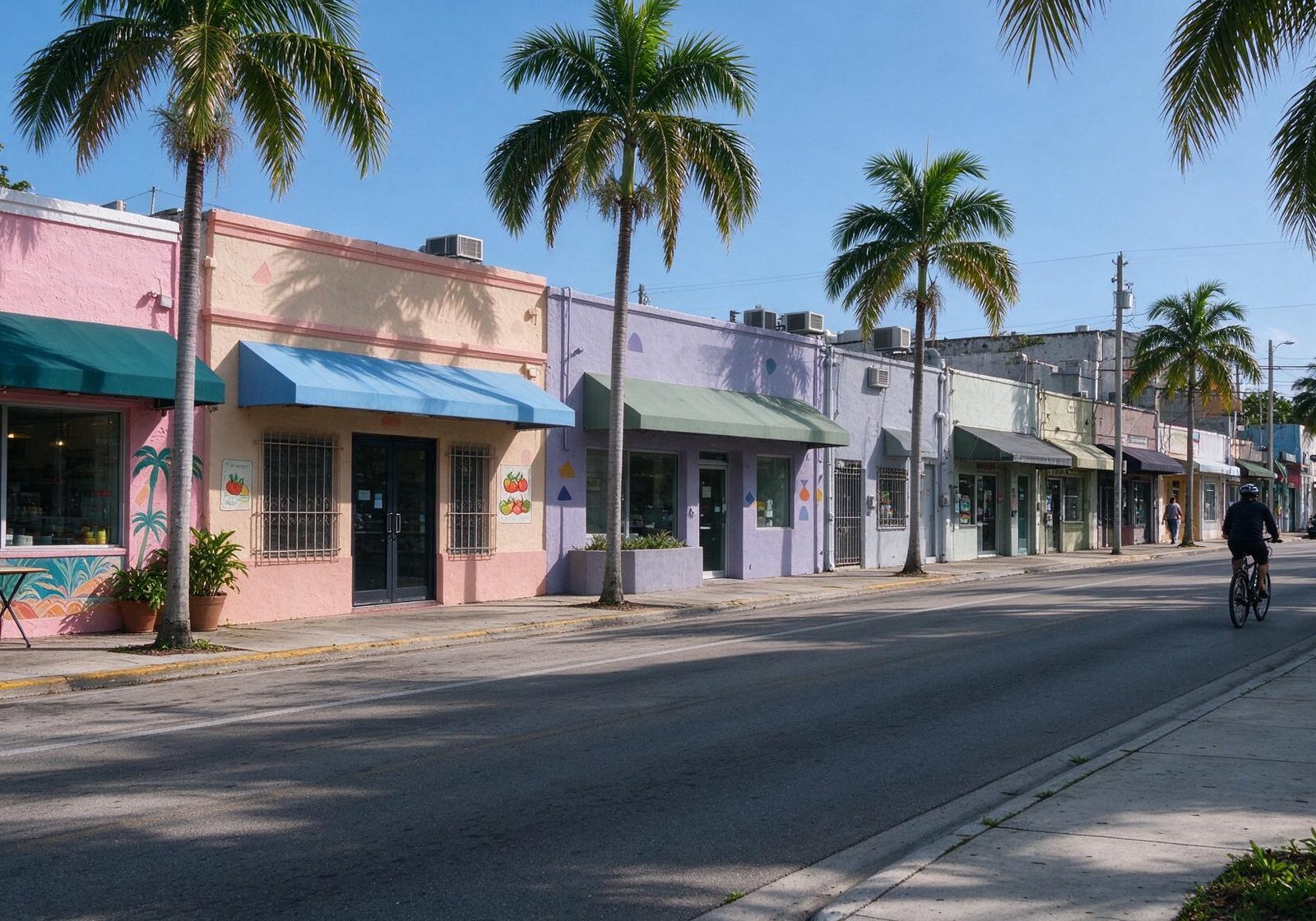 Hilera de locales rosa, lila y amarillo con toldos, murales y un ciclista, el comercio que necesita diseño web en North Miami