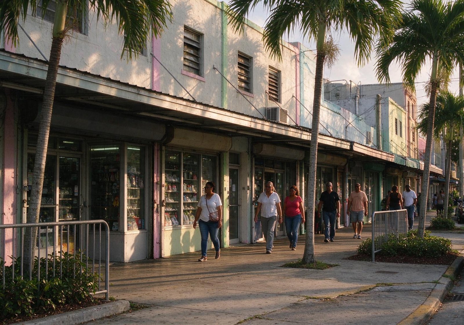 Pasaje cubierto con vitrinas, peatones y palmeras a la luz del atardecer, el comercio que atiende el diseño web en Sweetwater