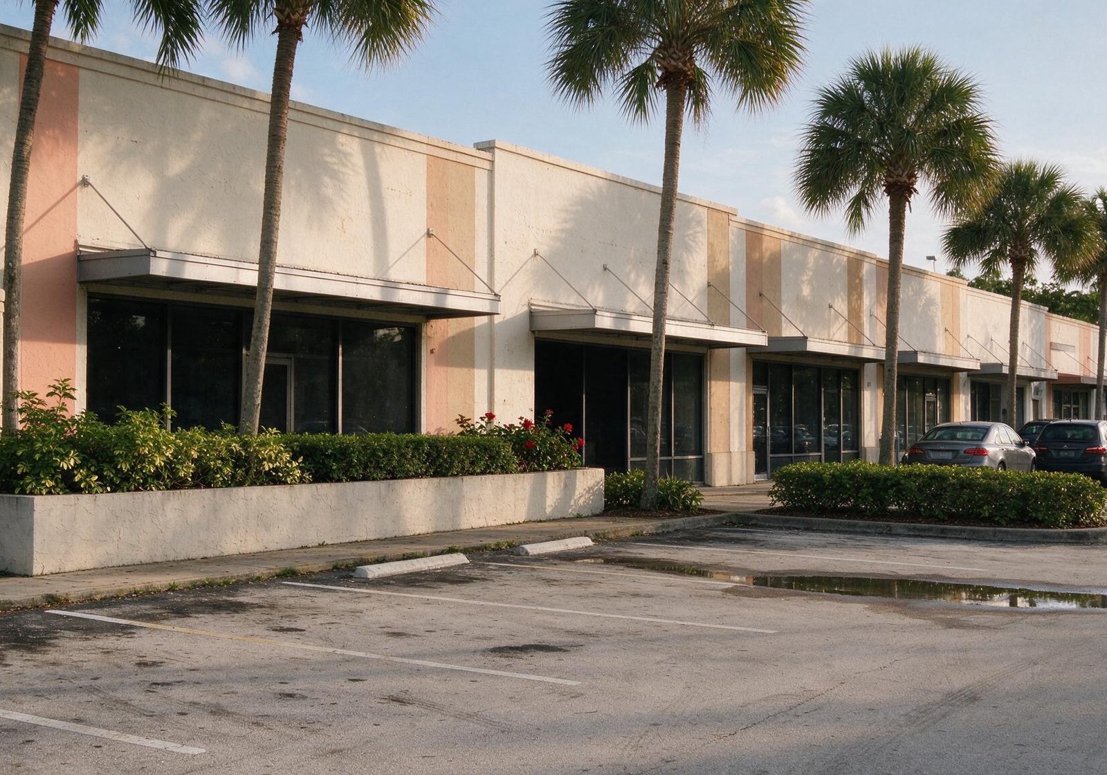 Plaza comercial de una planta con locales de vidrio oscuro, setos y palmeras y poca gente, para diseño web en Westchester