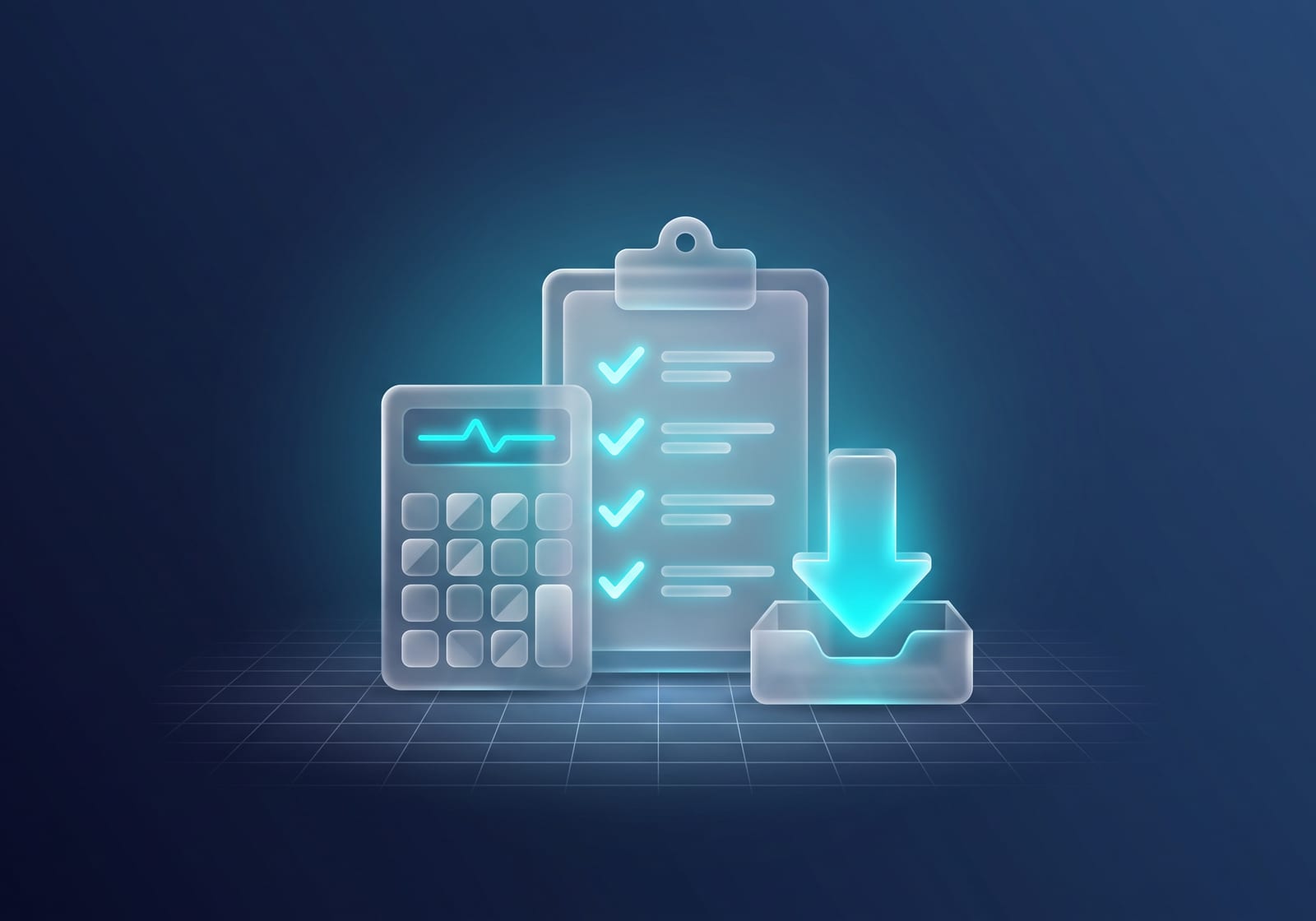 Calculadora, lista de verificación con marcas y flecha de descarga: herramientas gratuitas para planear tu sitio web