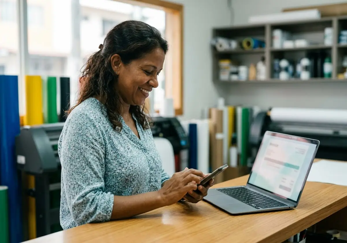 Dueña de una imprenta de rótulos envía una cotización desde su celular en el mostrador, con su laptop abierta al lado