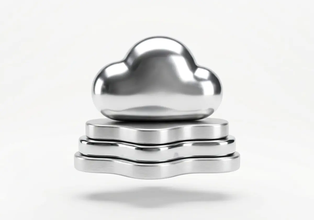 Nube redondeada sobre tres capas apiladas, en cromo plateado, render 3D sobre fondo gris claro