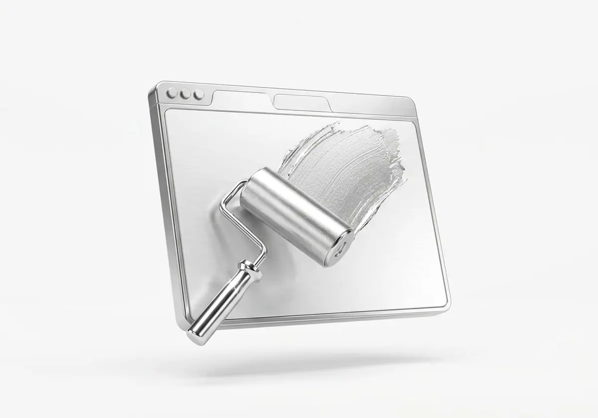 Rodillo de pintura sobre una ventana de navegador, en cromo plateado, render 3D sobre fondo gris claro