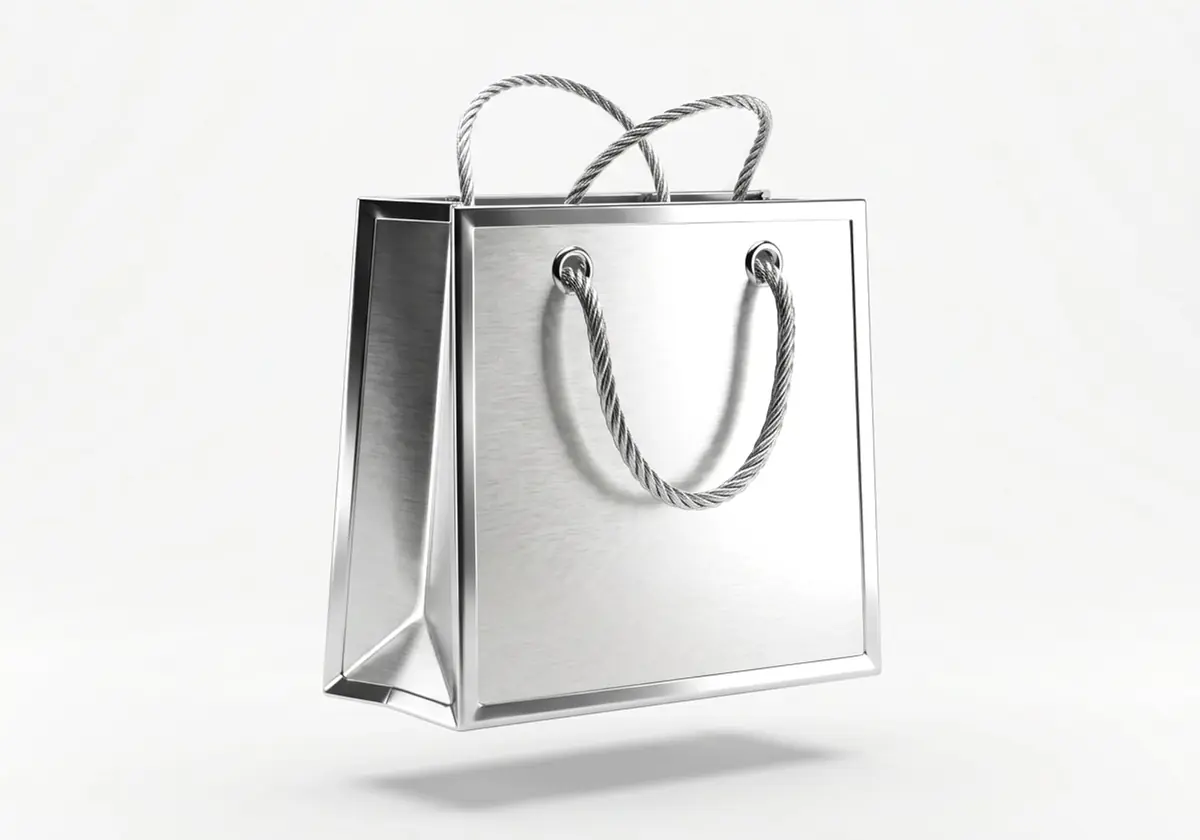 Bolsa de compras con asas de cordón, en cromo plateado, render 3D sobre fondo gris claro