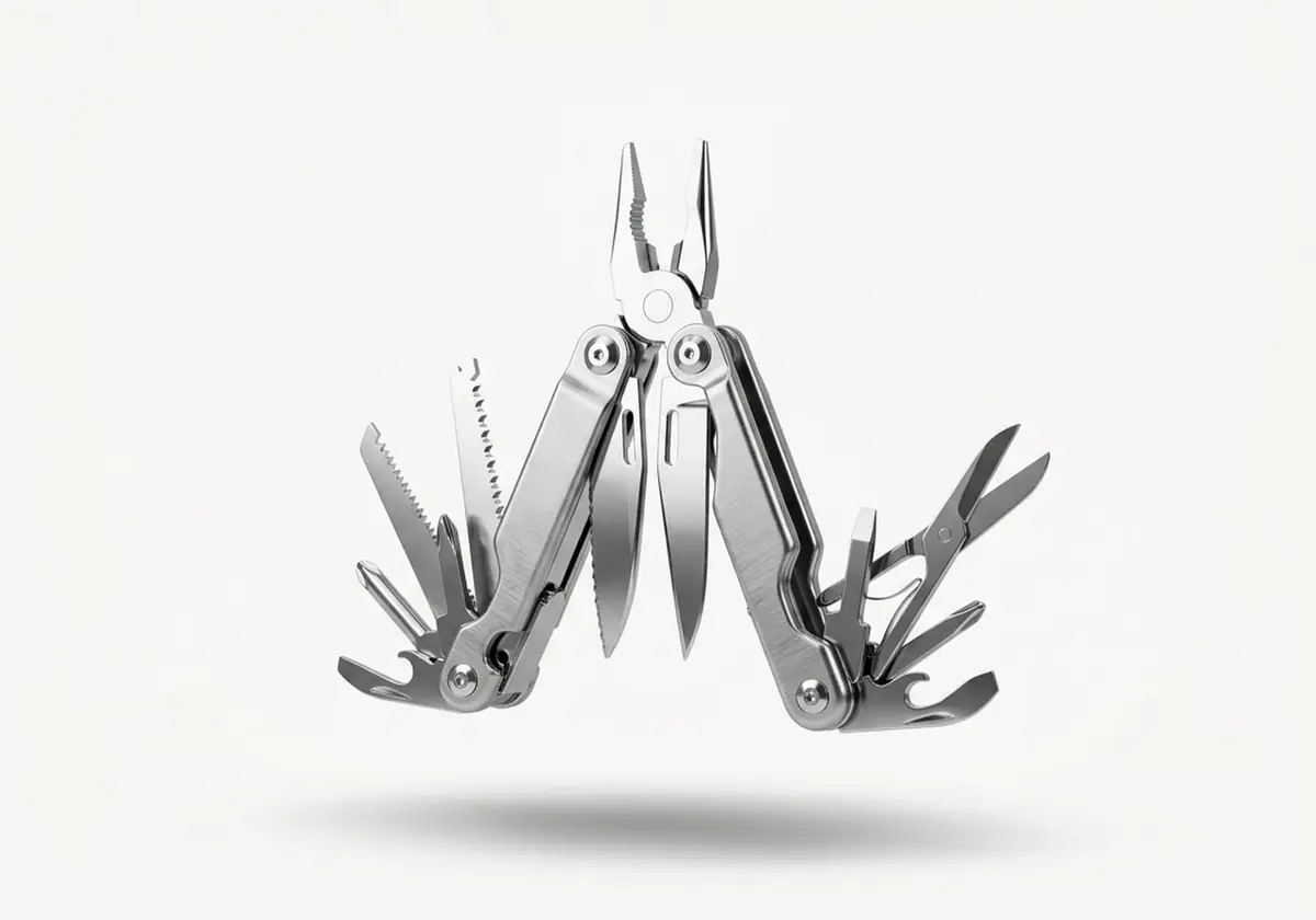 Navaja multiuso sin marca con varias herramientas abiertas, en cromo plateado, render 3D sobre fondo gris claro