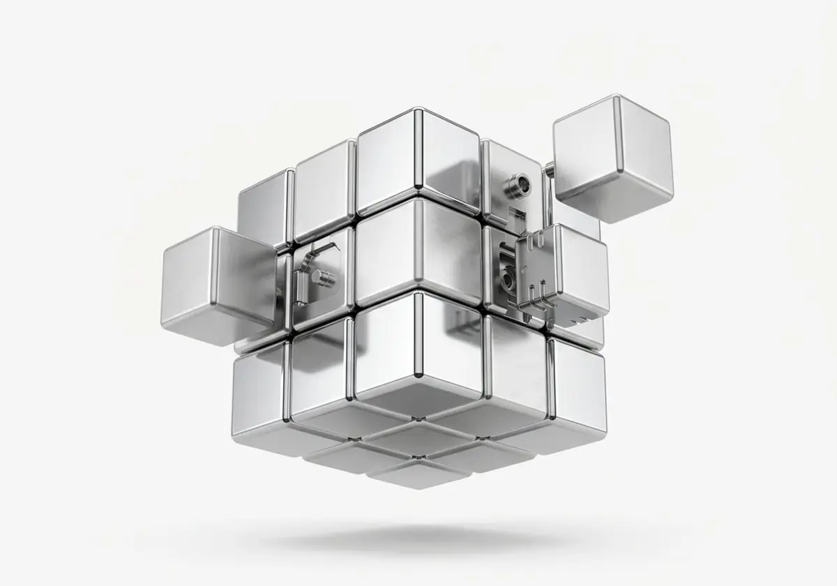 Cubos modulares que encajan, algunos separados, en cromo plateado, render 3D sobre fondo gris claro