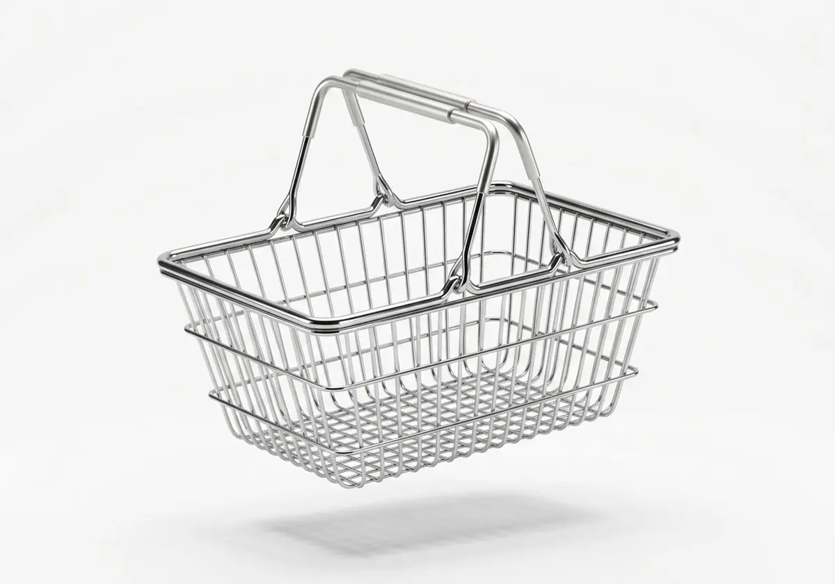 Canasta de compras con asas, en cromo plateado, render 3D sobre fondo gris claro