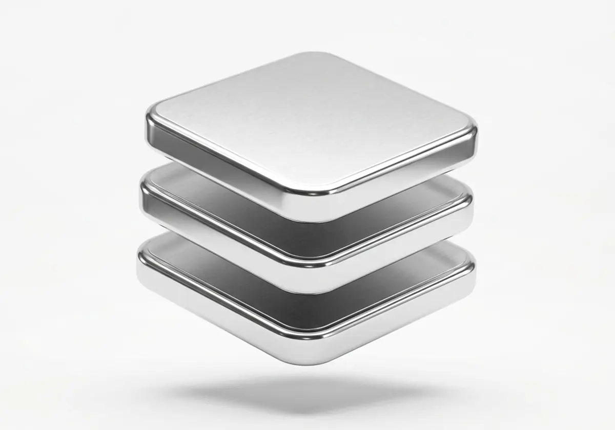 Tres losas redondeadas apiladas como capas, en cromo plateado, render 3D sobre fondo gris claro