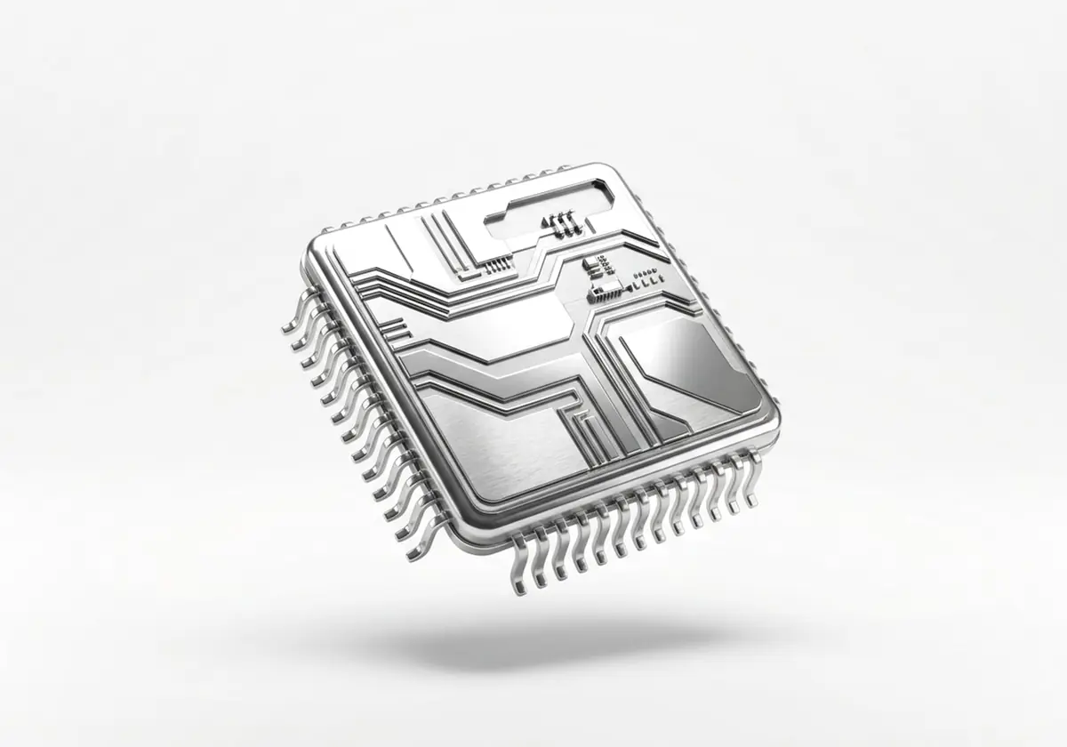 Microchip con sus patillas, en cromo plateado, render 3D sobre fondo gris claro