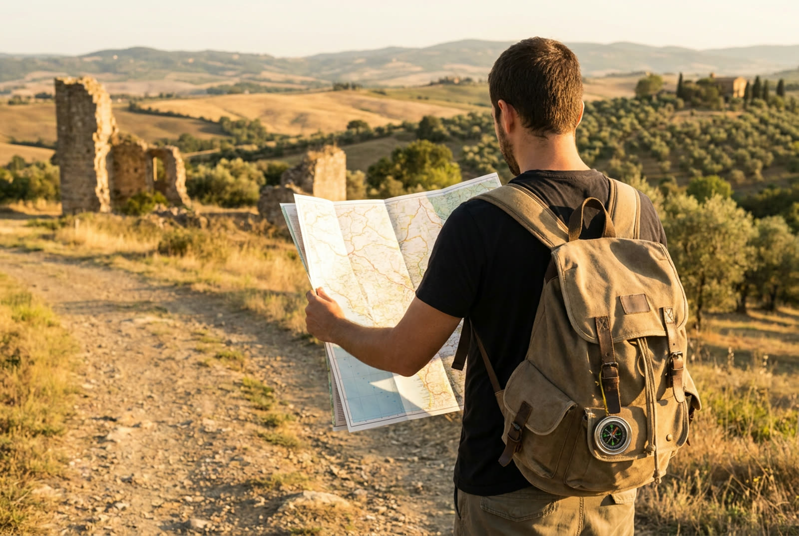 Viajera de espaldas con mochila mirando un mapa, lista para un tour