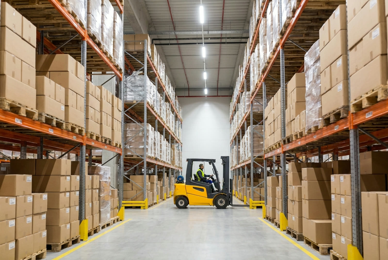 Almacén de distribución con estanterías de mercancía y montacargas
