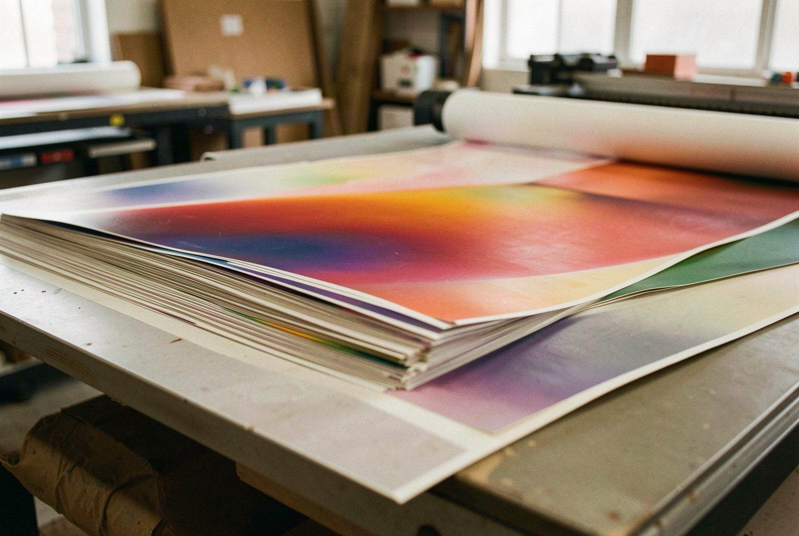 Pliegos de vinil impreso apilados y enrollados en un taller de gran formato