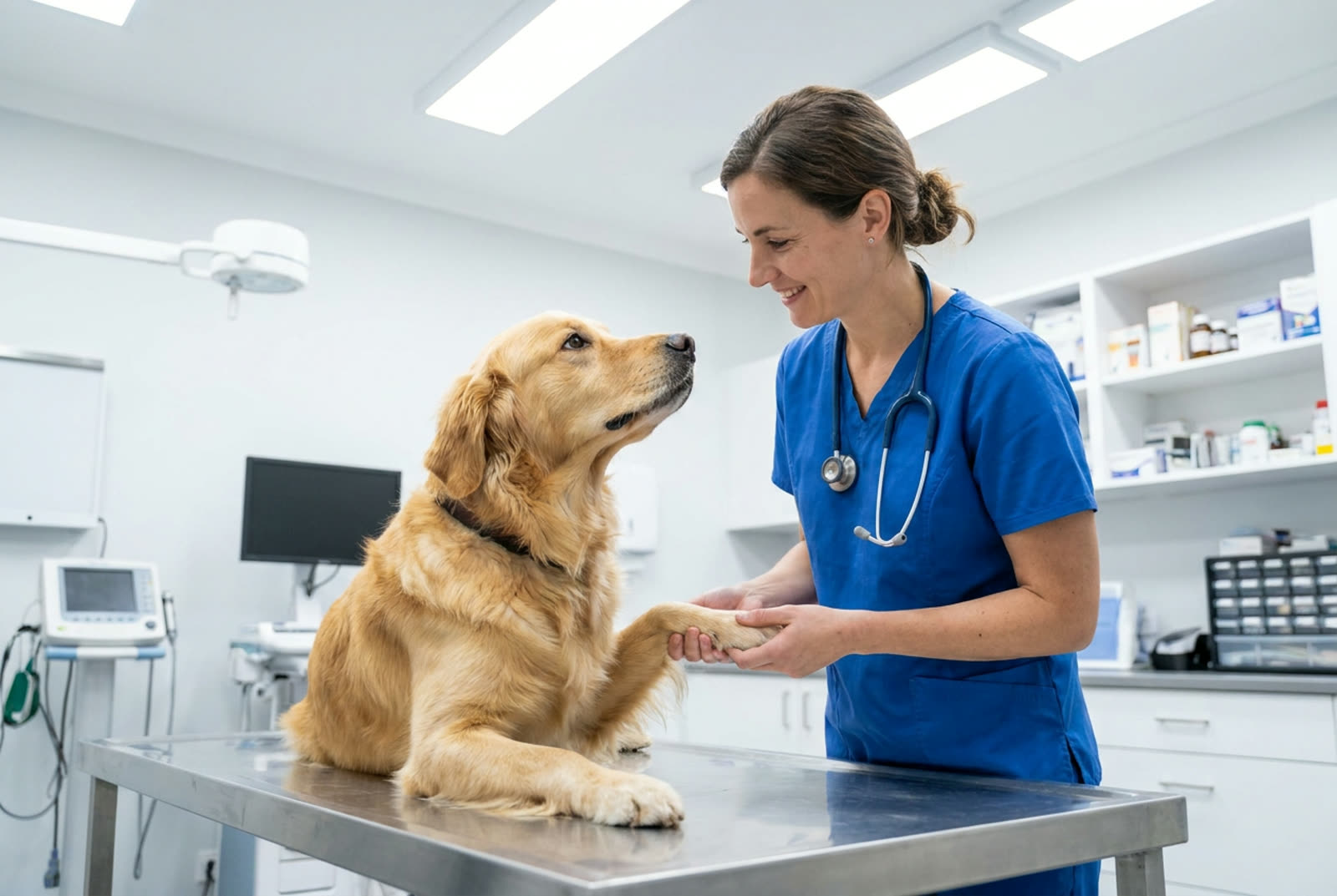 Veterinaria revisando a un perro durante una consulta en la clínica