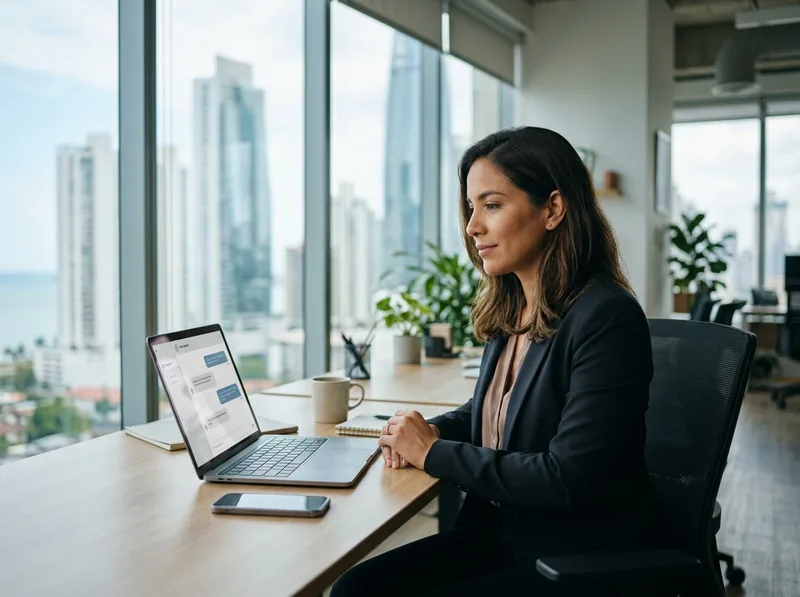 Una profesional en una oficina de Ciudad de Panamá revisa una conversación con un asistente en su laptop