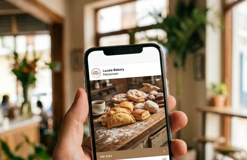 Una mano sostiene un celular con un anuncio patrocinado de una panadería en un café