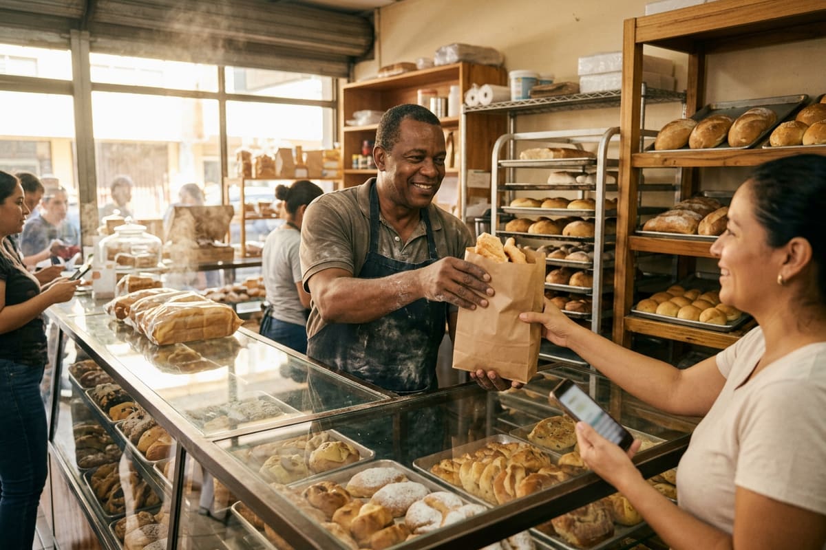 Dueña de panadería entrega un pedido a una clienta que, con el celular en la mano, se dispone a dejar su reseña del negocio