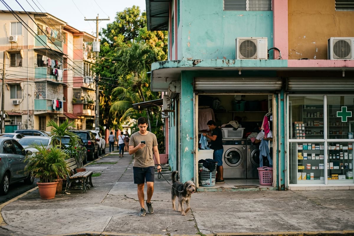 Vecino pasea a su perro frente a una lavandería y una farmacia de su cuadra: la búsqueda local se gana en el propio barrio