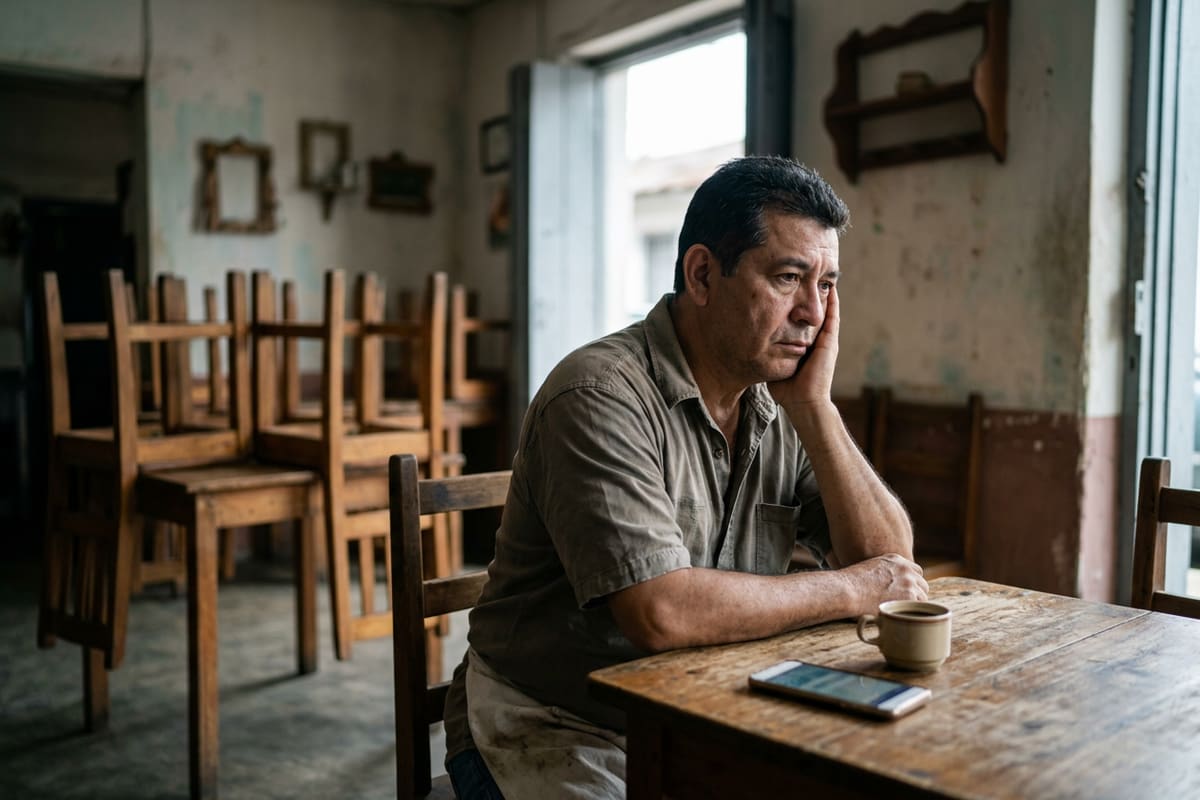 Dueño de una fonda vacía mira su celular, preocupado: las reseñas falsas pueden dejar el negocio fuera del mapa