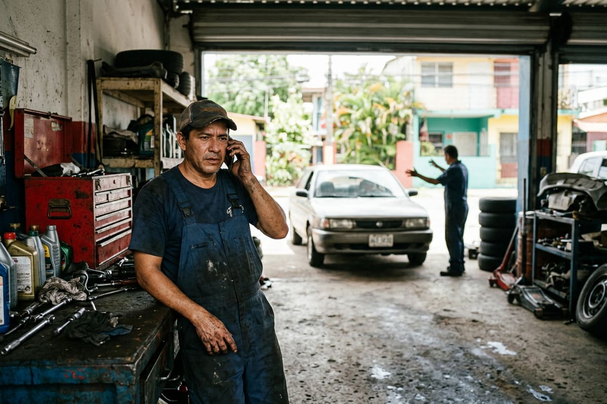 Mecánico contesta una llamada mientras otro cliente entra al taller: llamadas y rutas pedidas son las cifras que valen