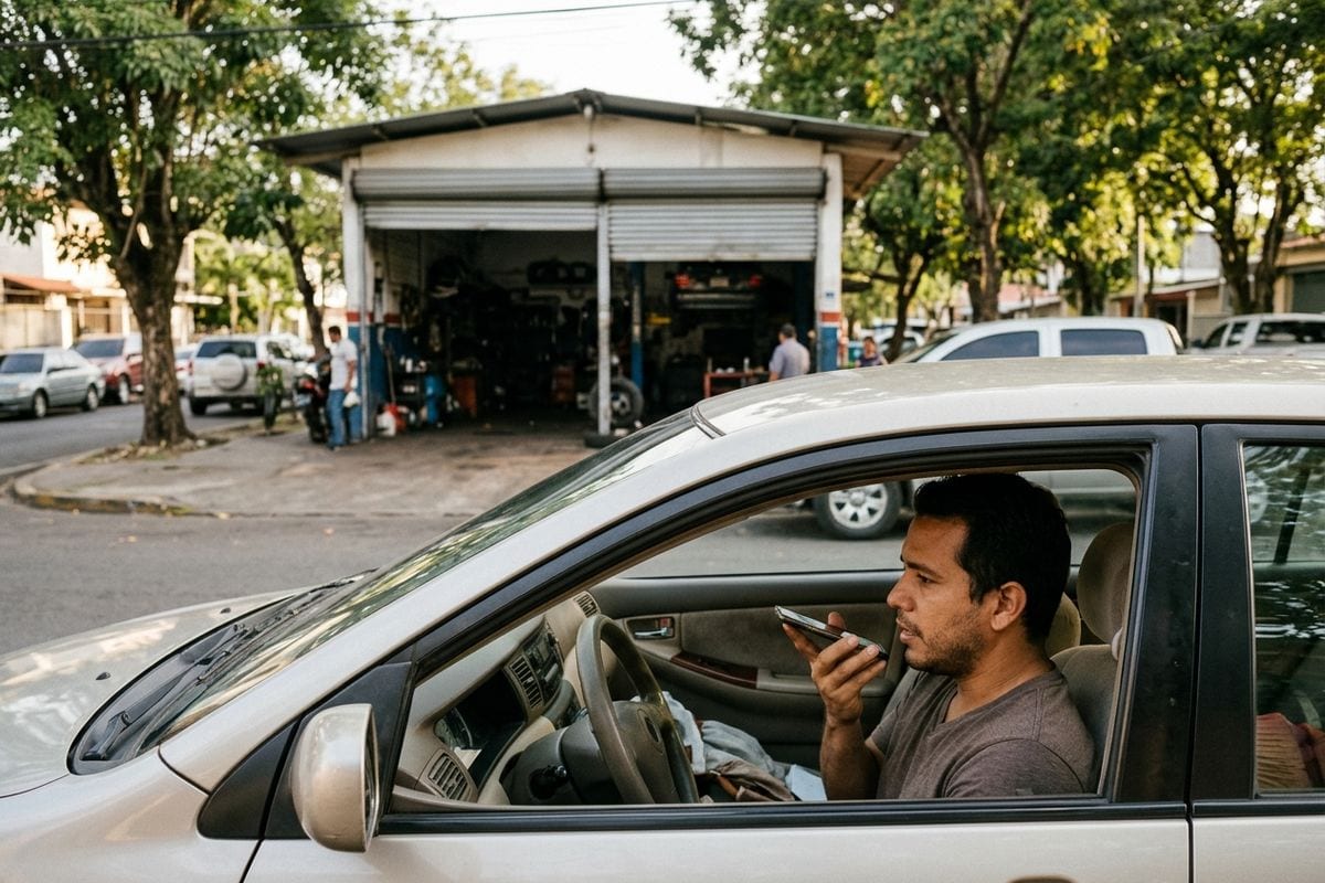 Conductor estacionado en Ciudad de Panamá le pregunta a su teléfono por un taller abierto cerca antes de arrancar