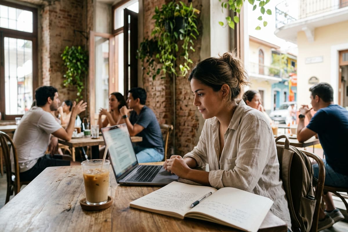 Estudiante lee una respuesta directa en su laptop en un café, como las que los motores de IA citan y atribuyen