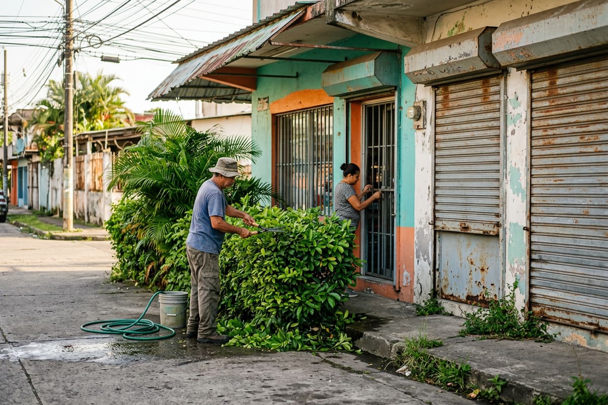 Jardinero cuida el seto frente a un negocio cada día, como el SEO que crece cuando se sostiene en el tiempo