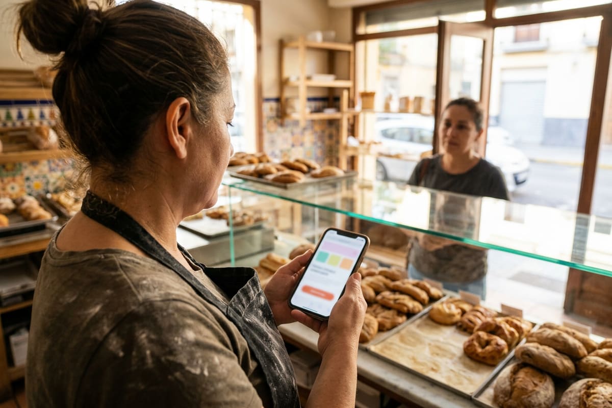 Dueña de una panadería mira su web en el celular mientras atiende, una web pensada para que el cliente sepa qué hacer