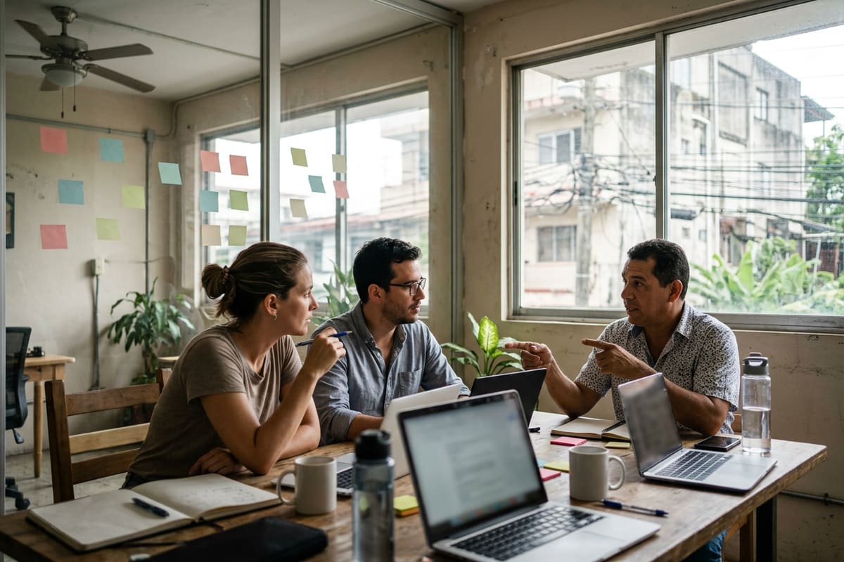 Desarrolladores conversan con un cliente en la misma mesa del estudio; hablar con quien construye acelera las decisiones