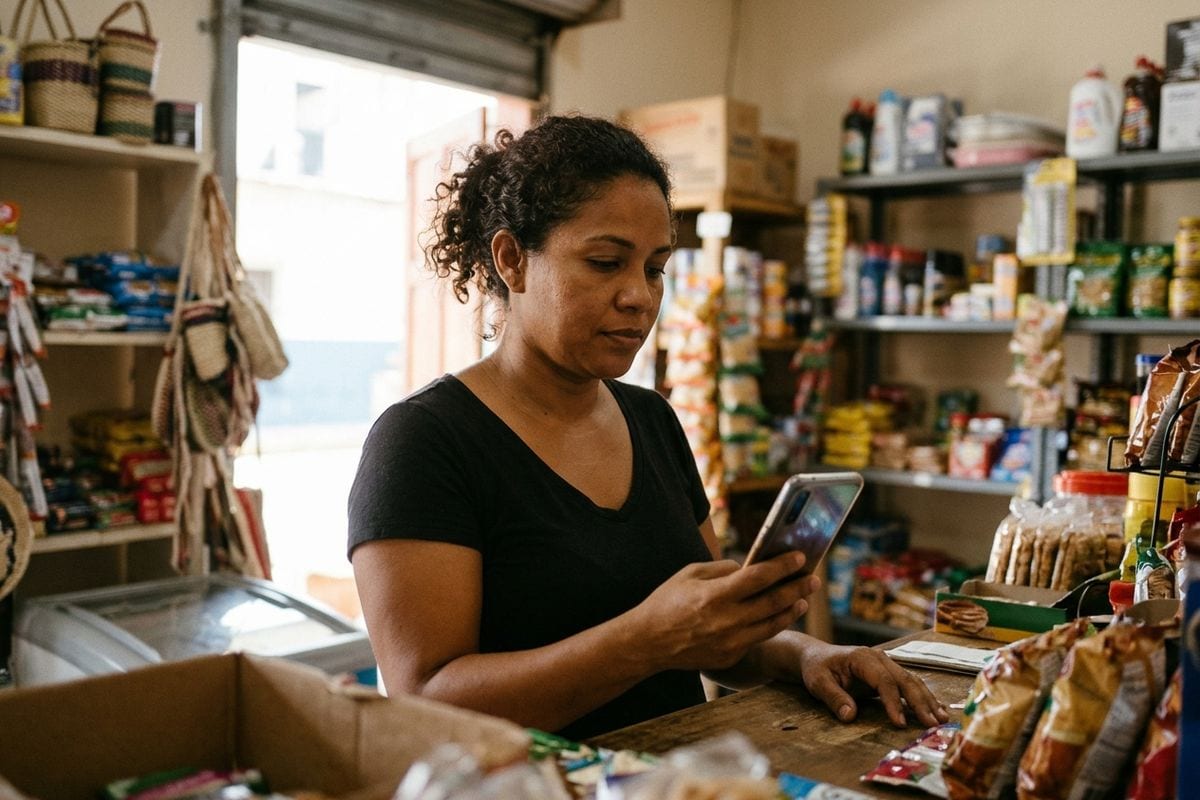 Una dueña de negocio en Ciudad de Panamá revisa en su celular cómo aparece su empresa al buscarla, porque su web es la base para Google, Maps y los asistentes de IA.