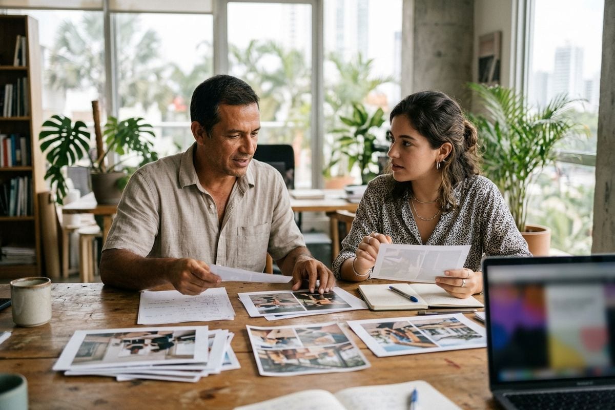 Un dueño de negocio y una diseñadora repasan en una mesa fotos impresas de trabajos y una lista de servicios, el contenido que se lleva a la primera reunión del proyecto web.